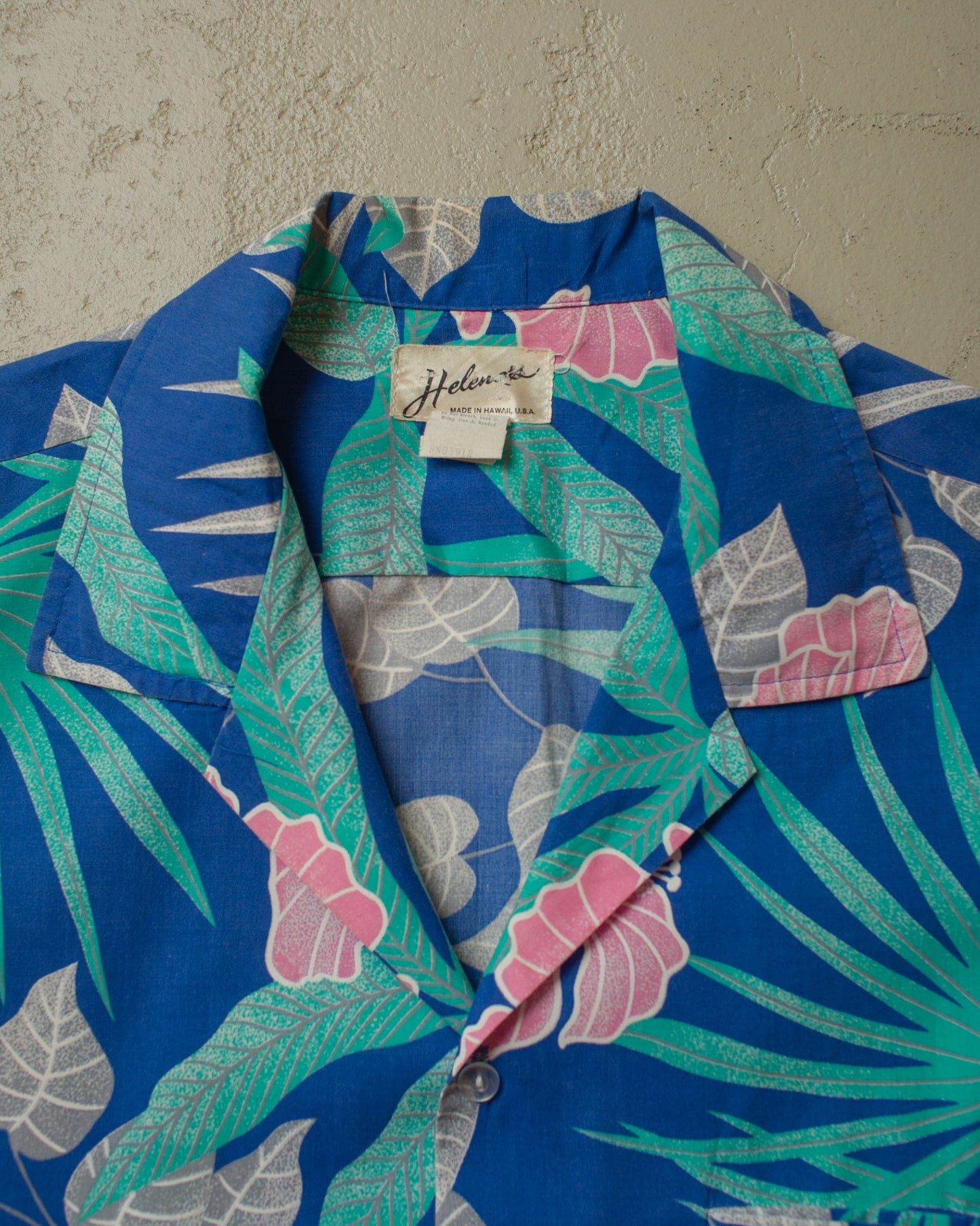 1950s/60s Helena´s Leaf Pattern Hawaii Shirt blue - XL
