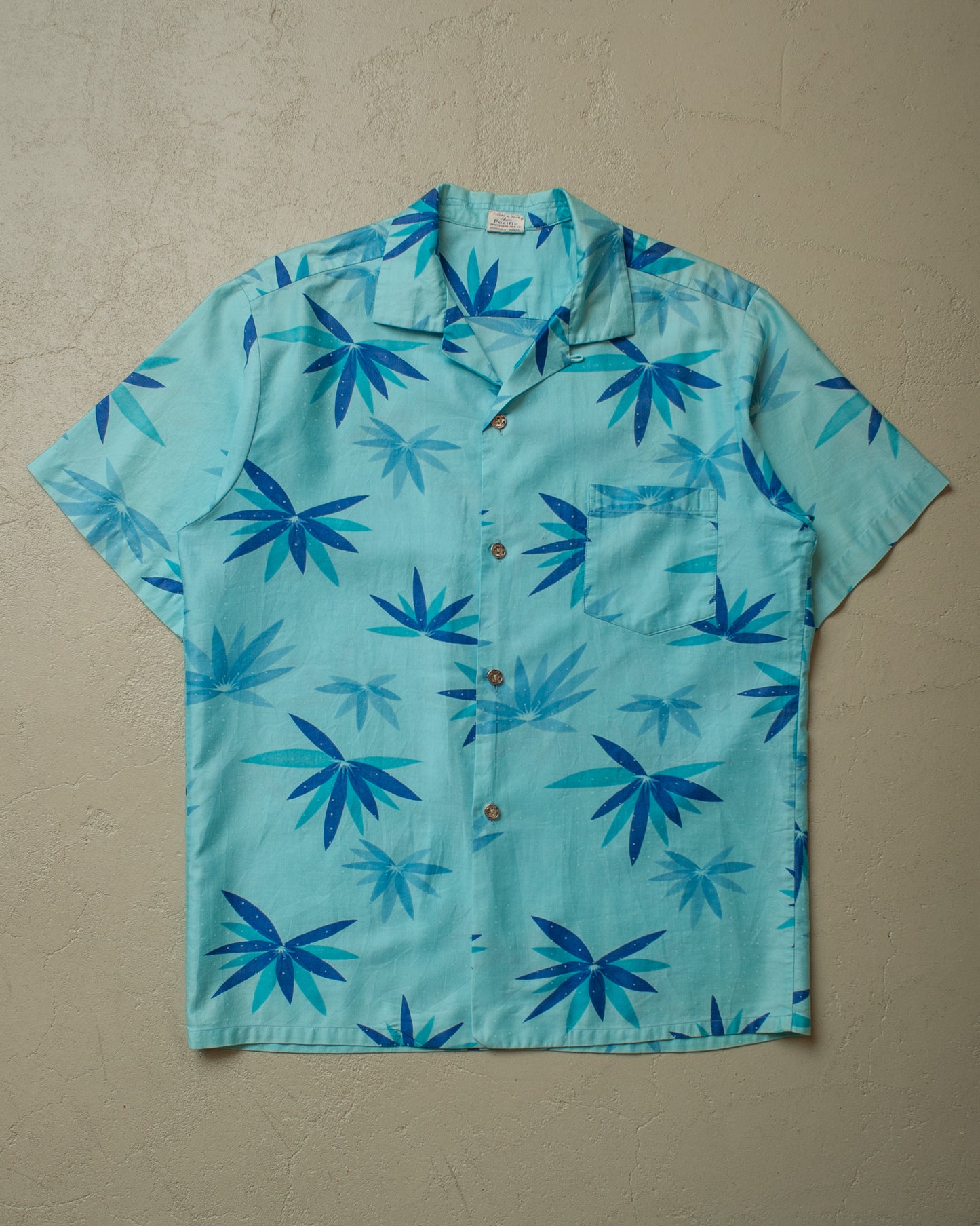 1950s/60s Pacific Sportswear Leaf Pattern Loop Collar Hawaii Shirt blue - M