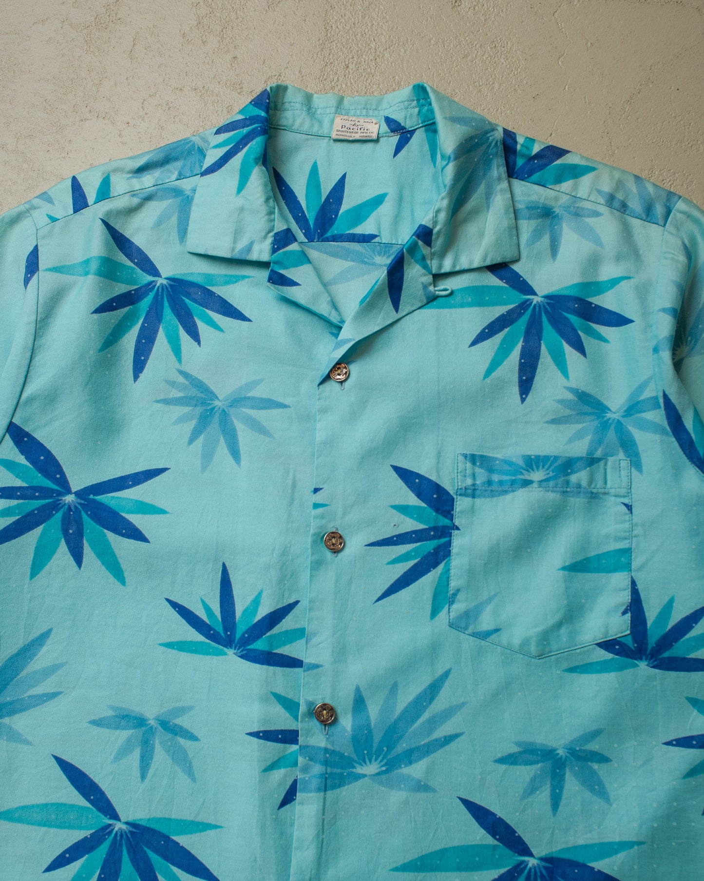 1950s/60s Pacific Sportswear Leaf Pattern Loop Collar Hawaii Shirt blue - M