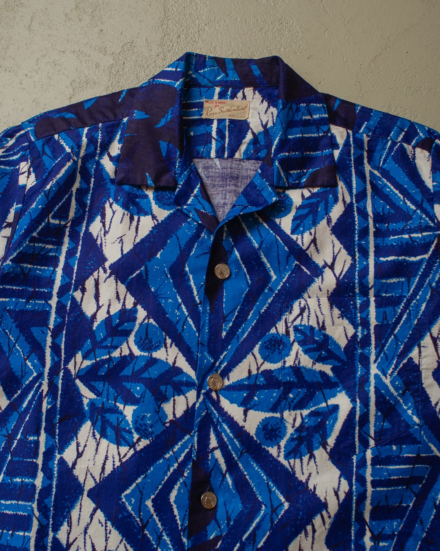 1950s Ross Sutherland abstract Pattern Loop Collar navyblue - M/L