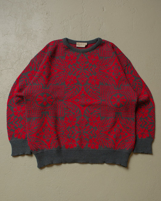 90s Pattern Knit Sweater red/grey - XL