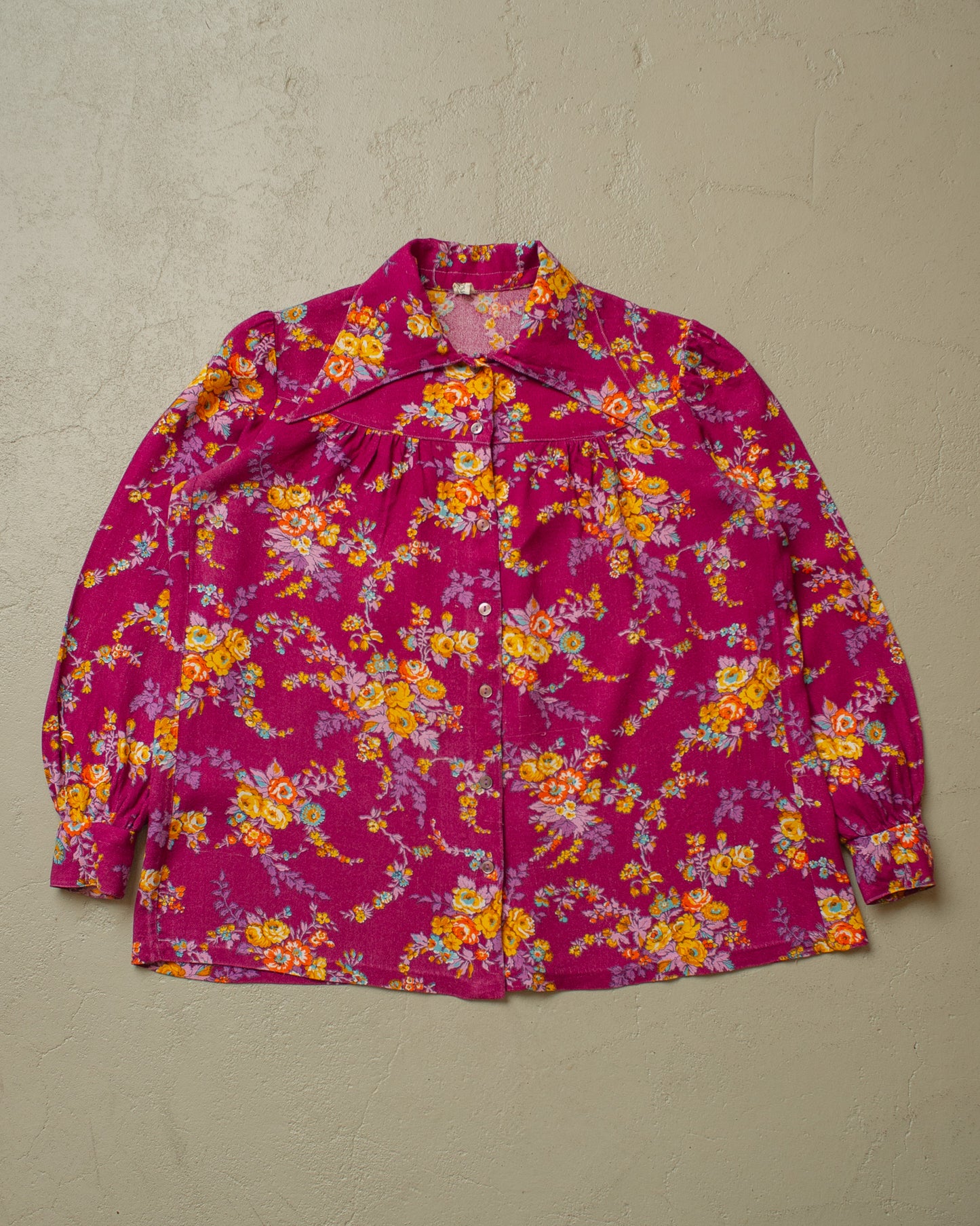 1970s Womens Flower Print Point Collar Shirt purple - M