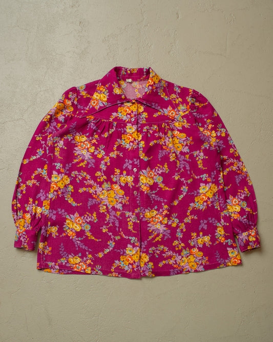 1970s Womens Flower Print Point Collar Shirt purple - M
