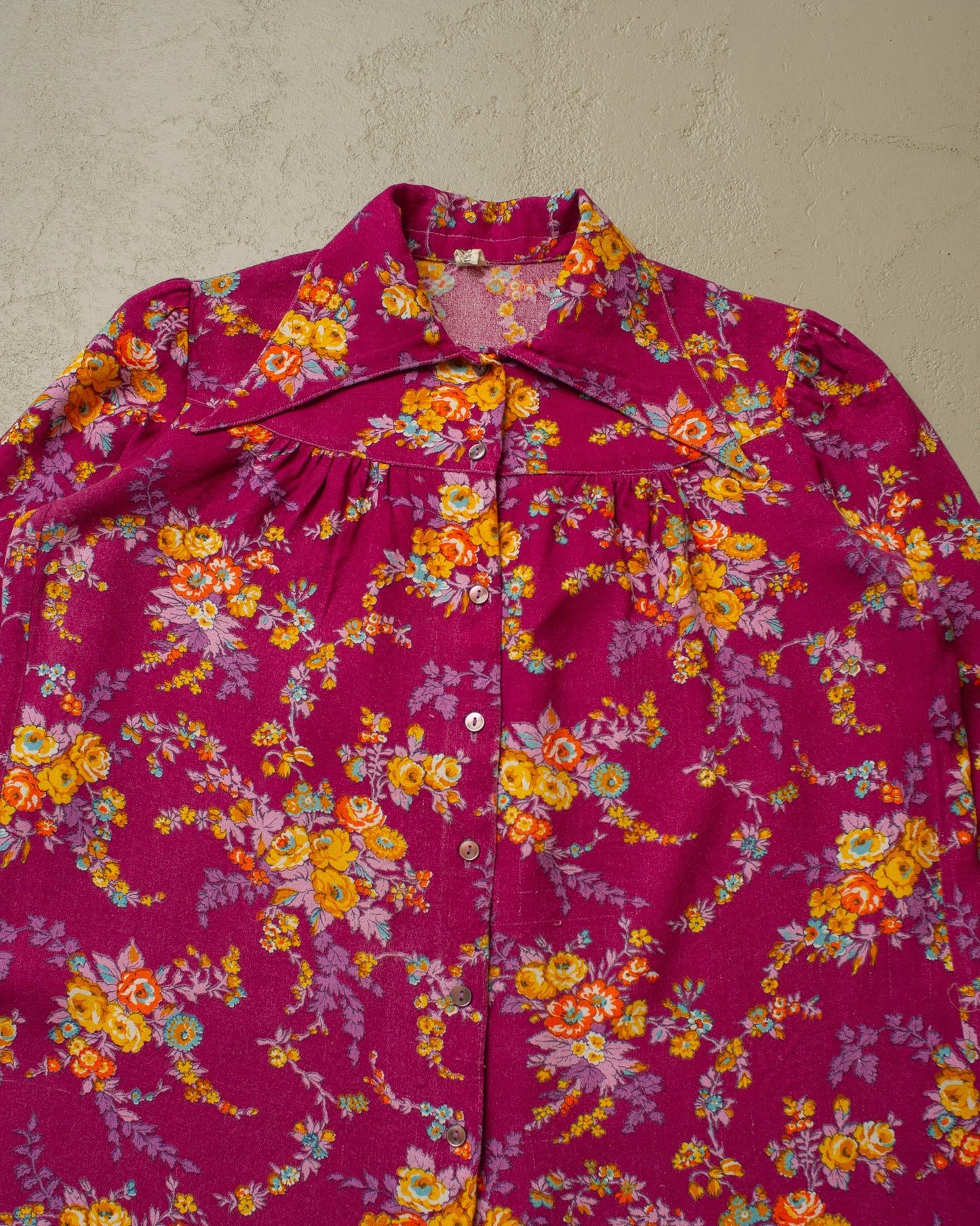 1970s Womens Flower Print Point Collar Shirt purple - M