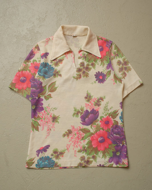 1970s Flower Print Knit Polo creme - S/M