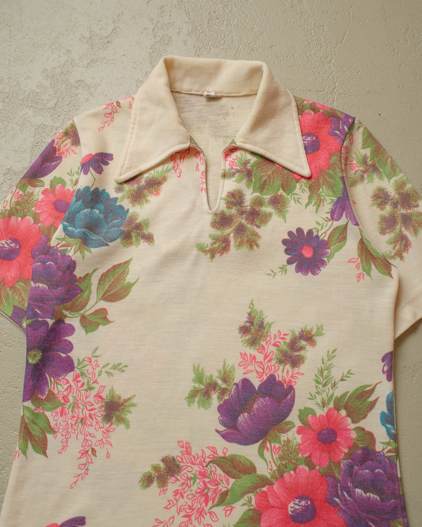 1970s Flower Print Knit Polo creme - S/M