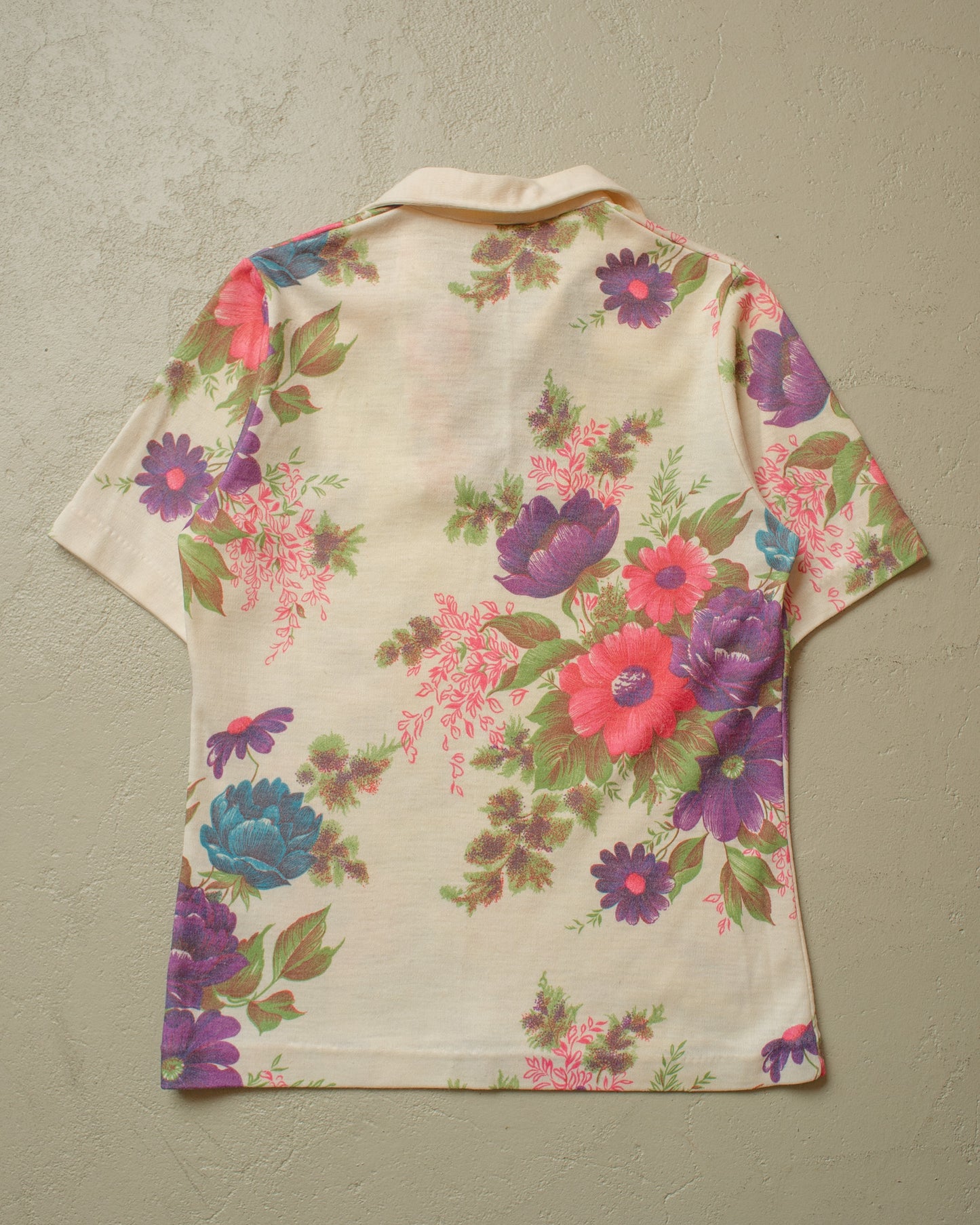1970s Flower Print Knit Polo creme - S/M