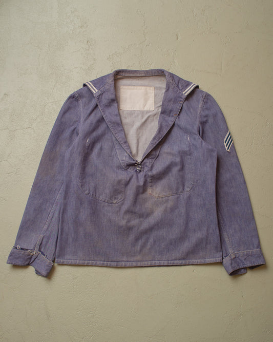 1950s distressed French Navy Denim Pullover Shirt blue - M
