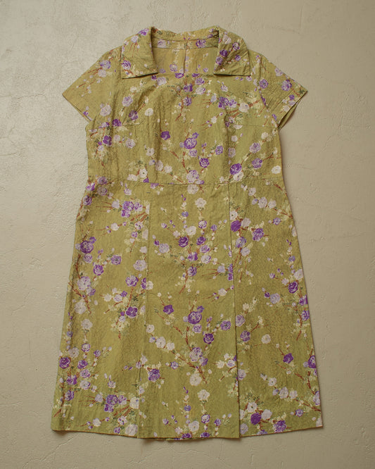 1940s/50s Womens Homemade Post War Floral Dress green - M/L