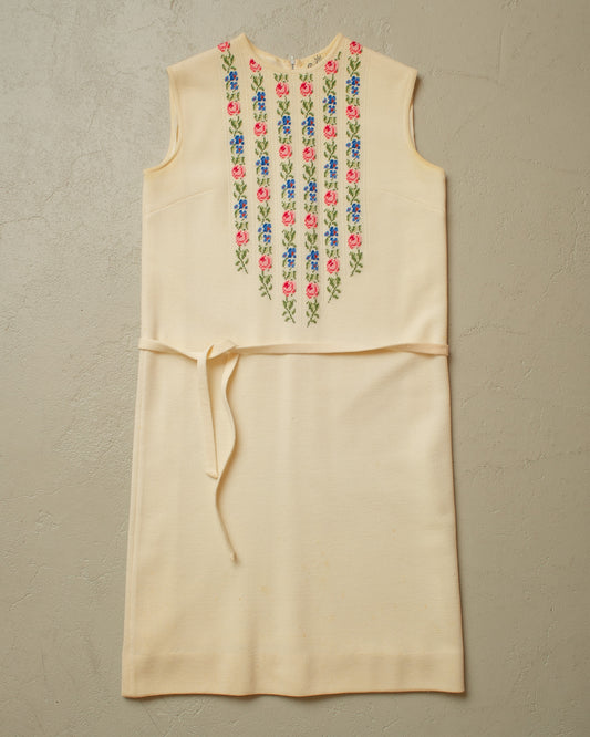 1960s/70s Womens Floral Knit Dres creme - S/M