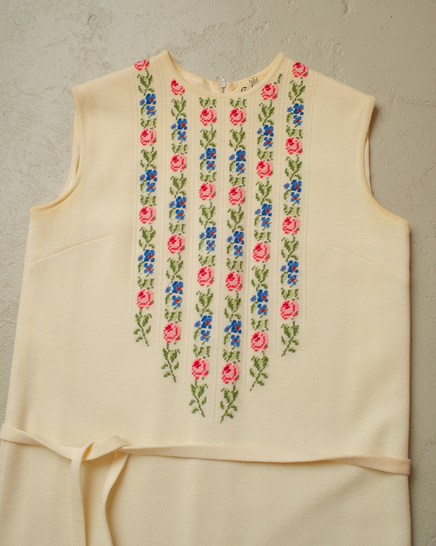 1960s/70s Womens Floral Knit Dres creme - S/M