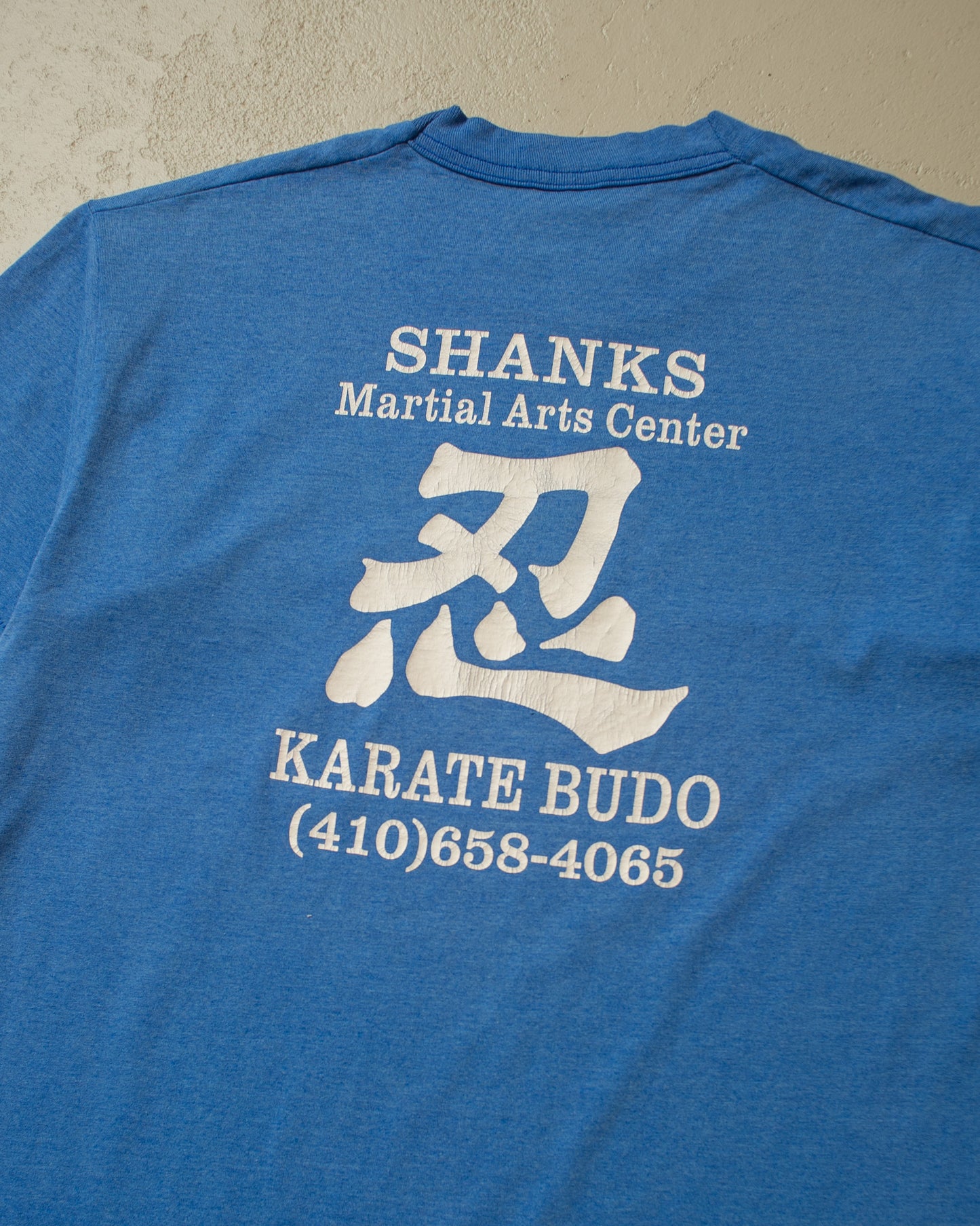 1990s distressed Shanks Martial Arts T-shirt blue - XL