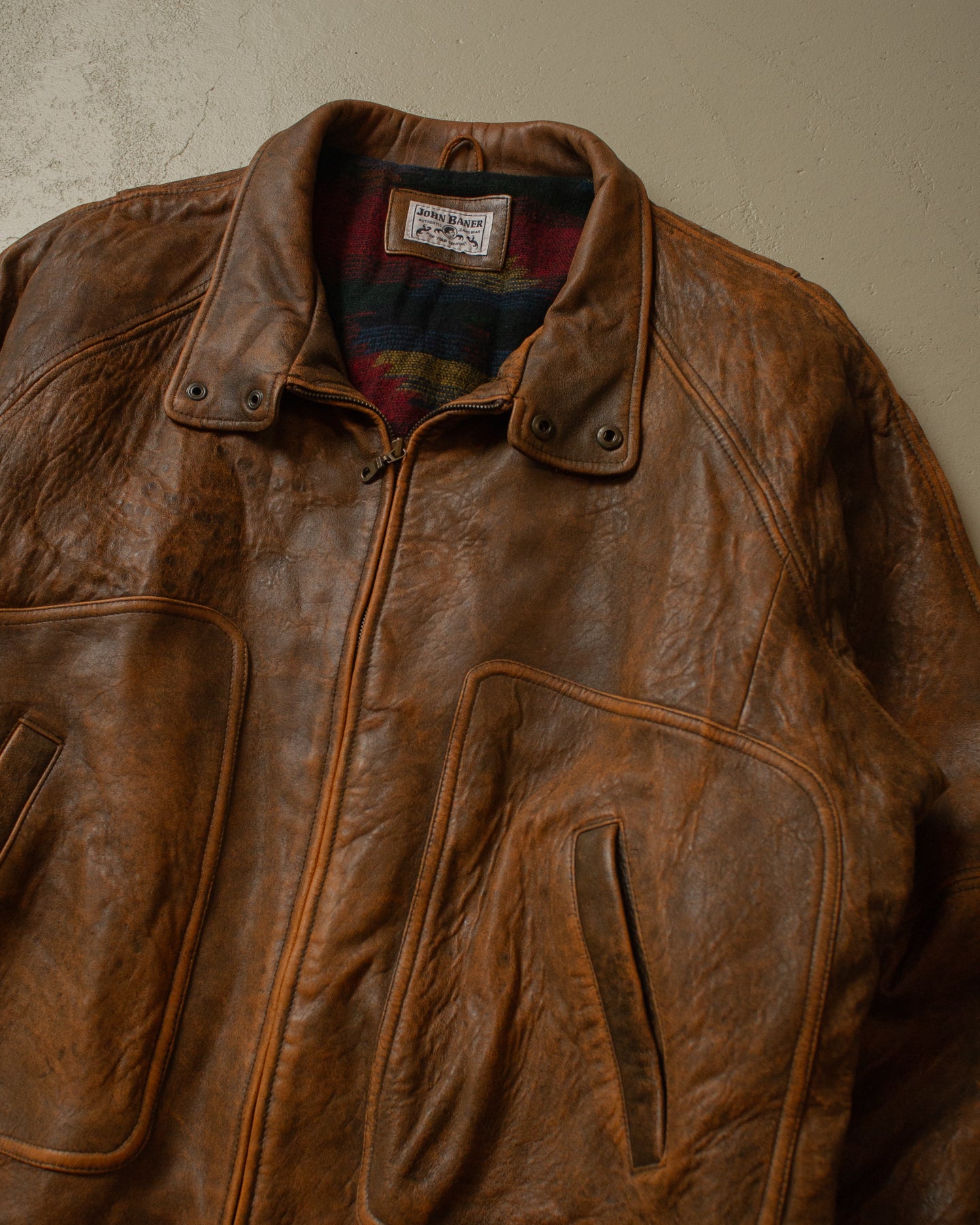 90s John Baner Faded Leather Bomber brown - XL/XXL