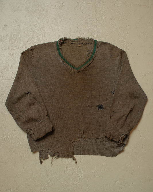 1940s thrashed WW2 German Army V-Neck Knit Sweater grey - M