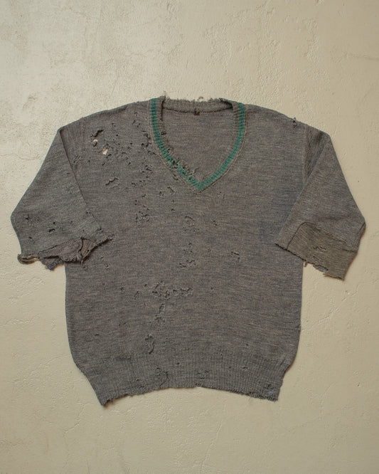 1940s thrashed WW2 German Army V-Neck Knit Sweater grey - M/L