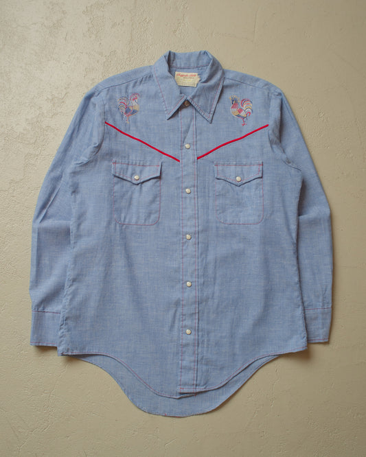 1970s Hand Embroidered Pearl Snap Shirt blue - L