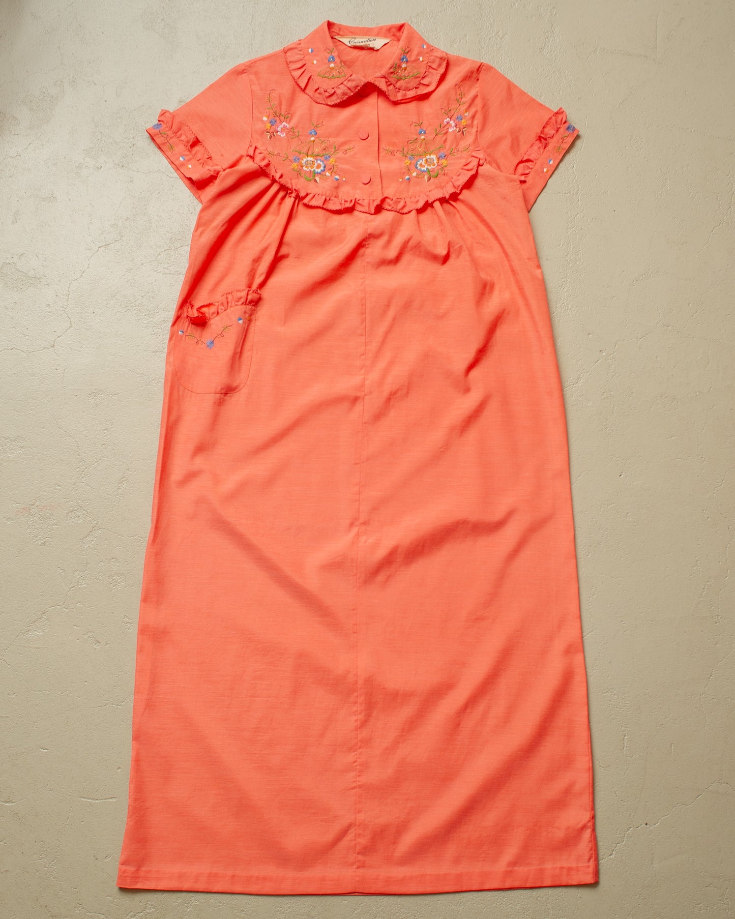 1970s Womens Carnation Flower Embroidered Dress - M/L