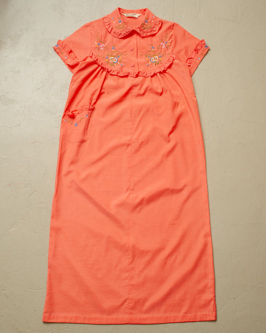 1970s Womens Carnation Flower Embroidered Dress - M/L