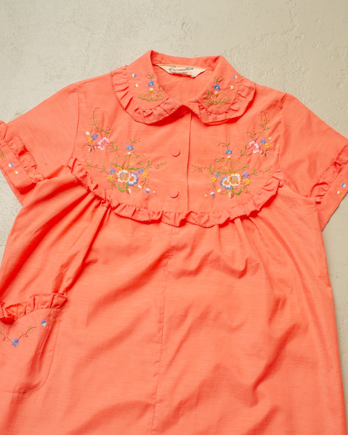 1970s Womens Carnation Flower Embroidered Dress - M/L