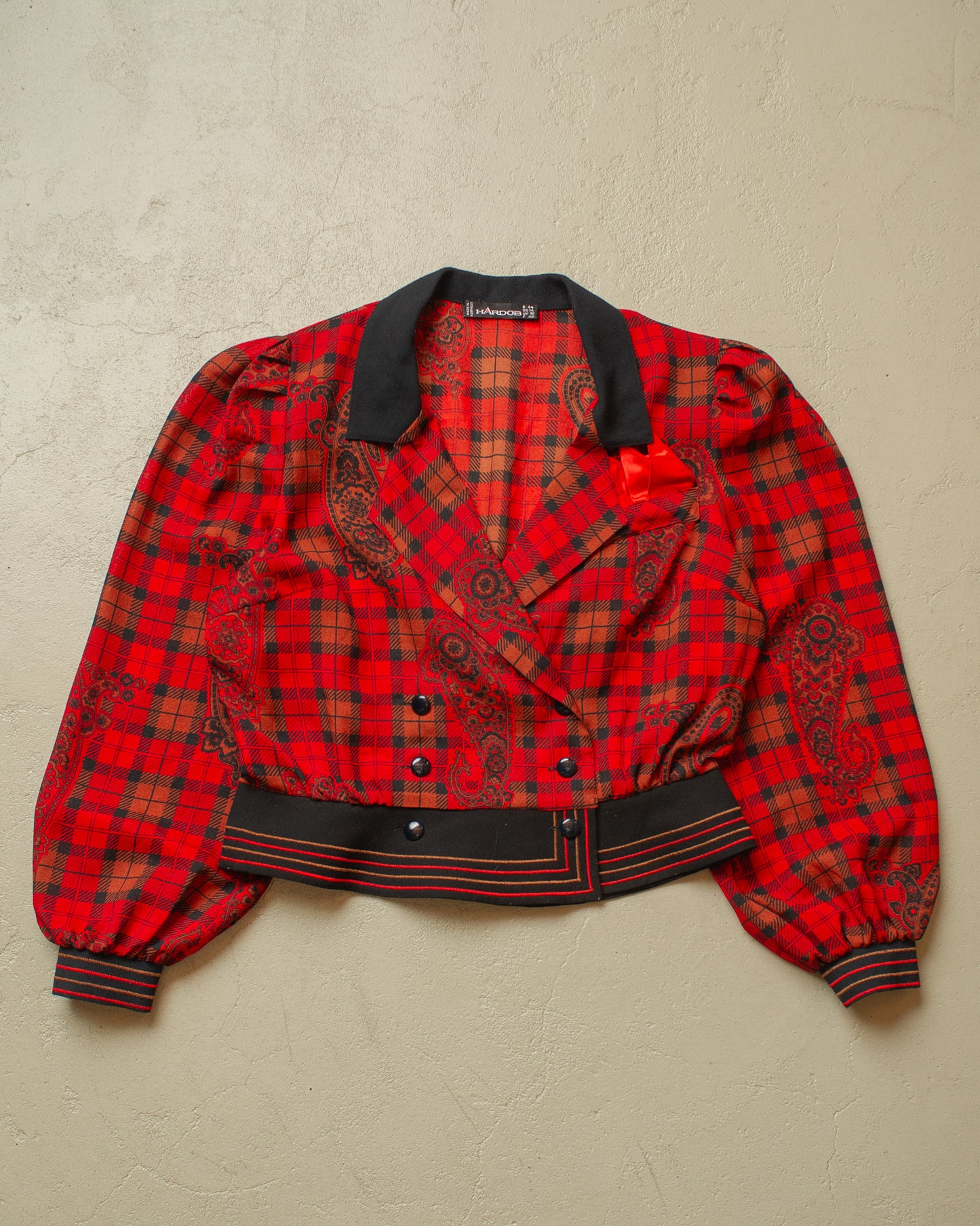 1980s Womens Hardob Paisley checkered Blouse red - XL