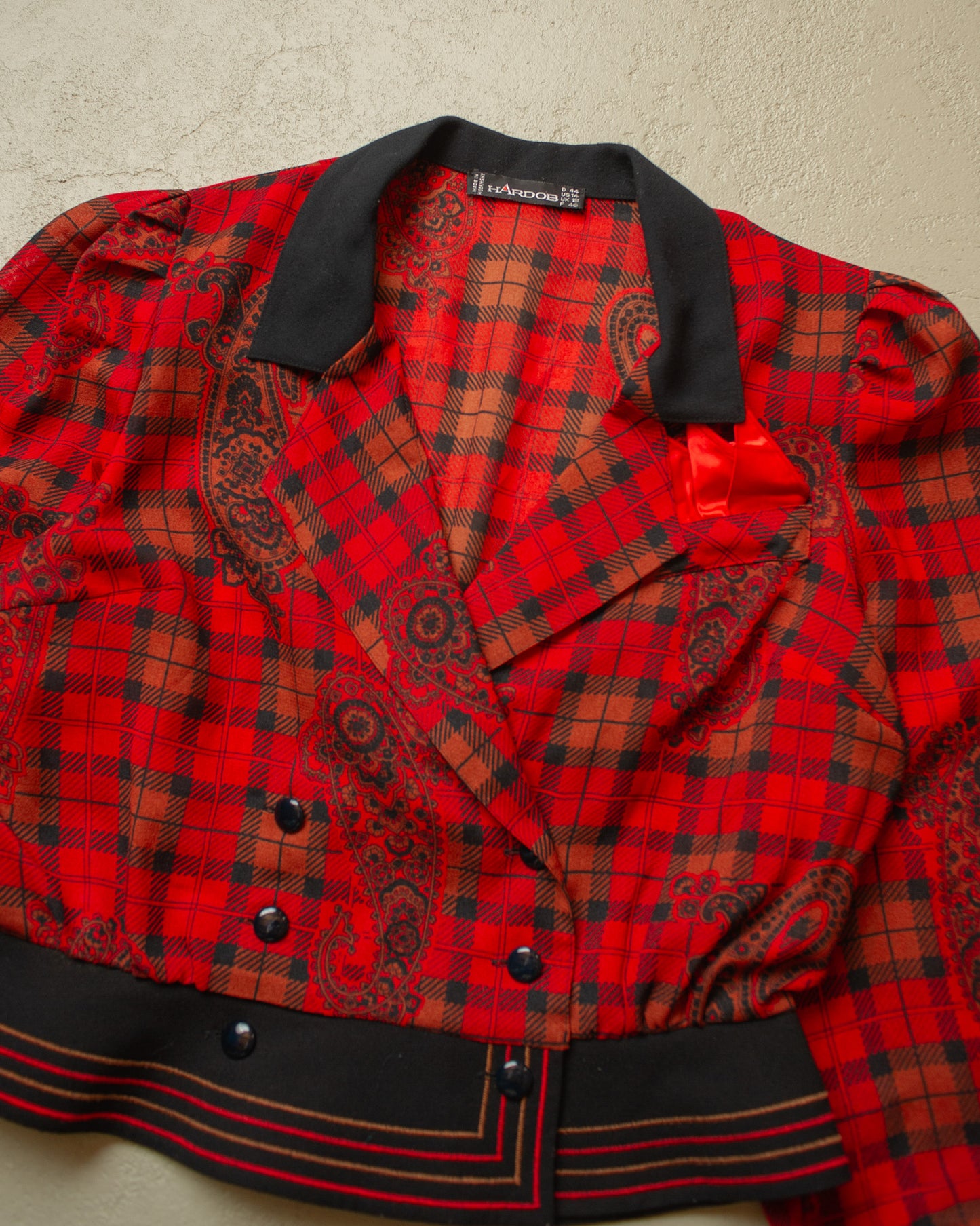 1980s Womens Hardob Paisley checkered Blouse red - XL