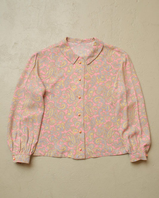 1960s Womens Paisley Print Blouse pink - M