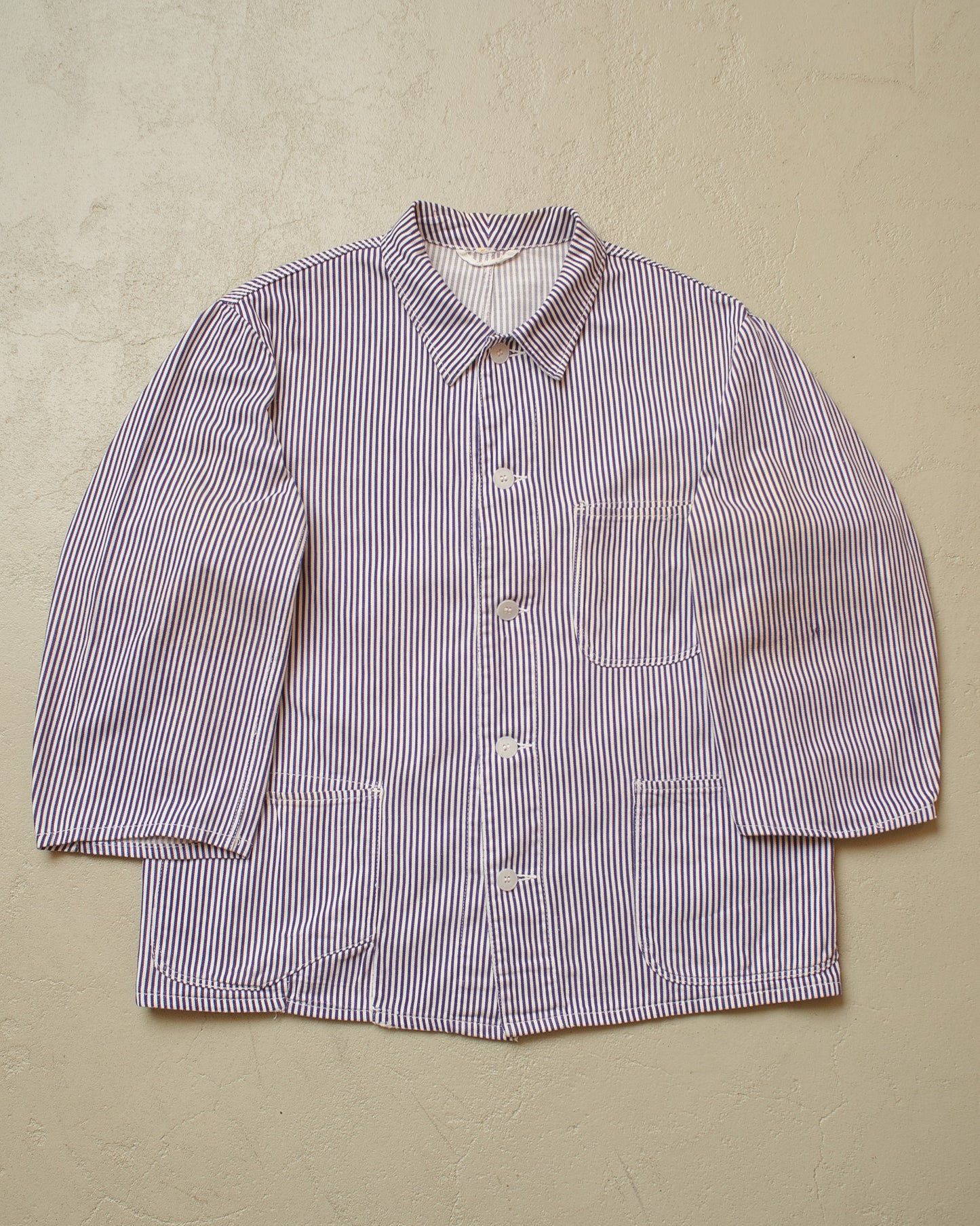 1950s German Greiff "Metzgerjacke" Butcher striped Work Jacket blue - L/XL