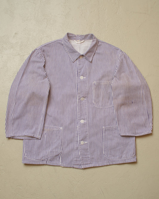 1950s German Greiff "Metzgerjacke" Butcher striped Work Jacket blue - L/XL