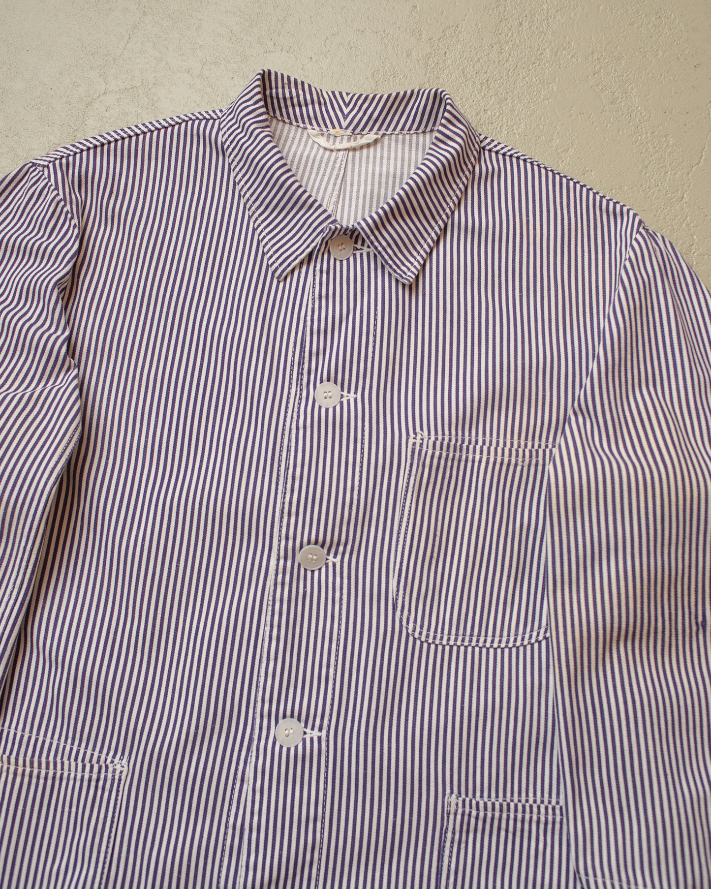 1950s German Greiff "Metzgerjacke" Butcher striped Work Jacket blue - L/XL