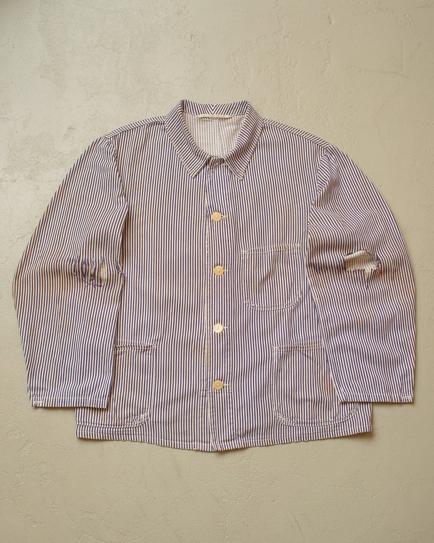 1950s distressed German Greiff "Metzgerjacke" Butcher striped Work Jacket blue - XL