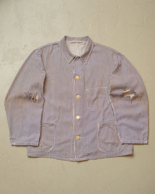 1950s distressed German Greiff "Metzgerjacke" Butcher striped Work Jacket blue - XL