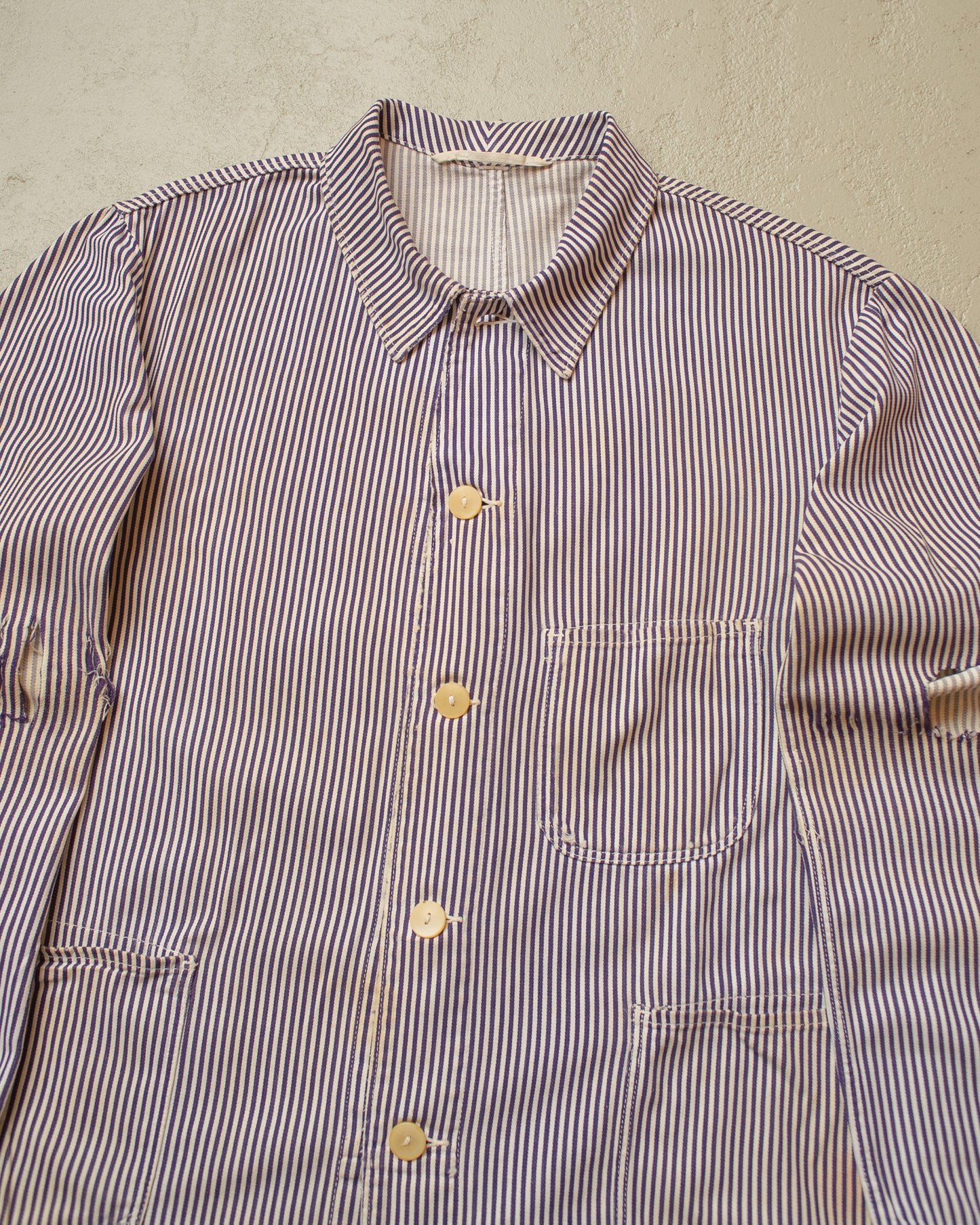 1950s distressed German Greiff "Metzgerjacke" Butcher striped Work Jacket blue - XL