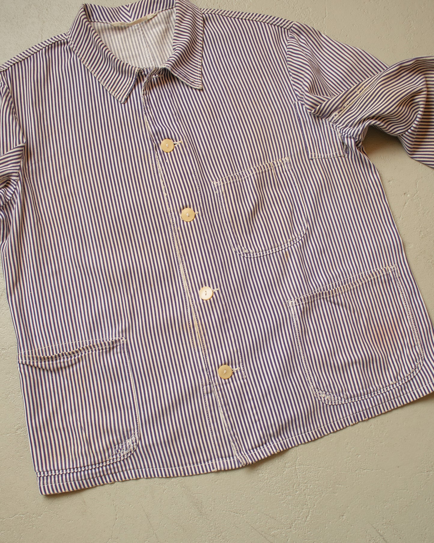 1950s distressed German Greiff "Metzgerjacke" Butcher striped Work Jacket blue - XL