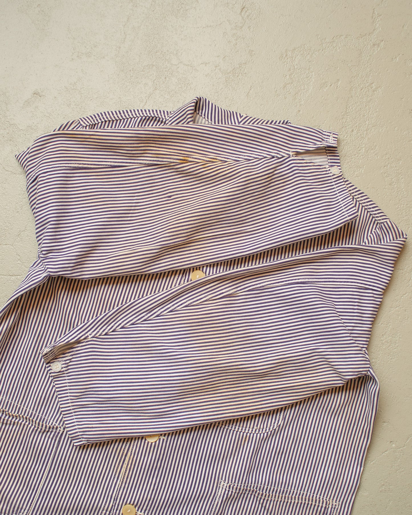1950s distressed German Greiff "Metzgerjacke" Butcher striped Work Jacket blue - XL