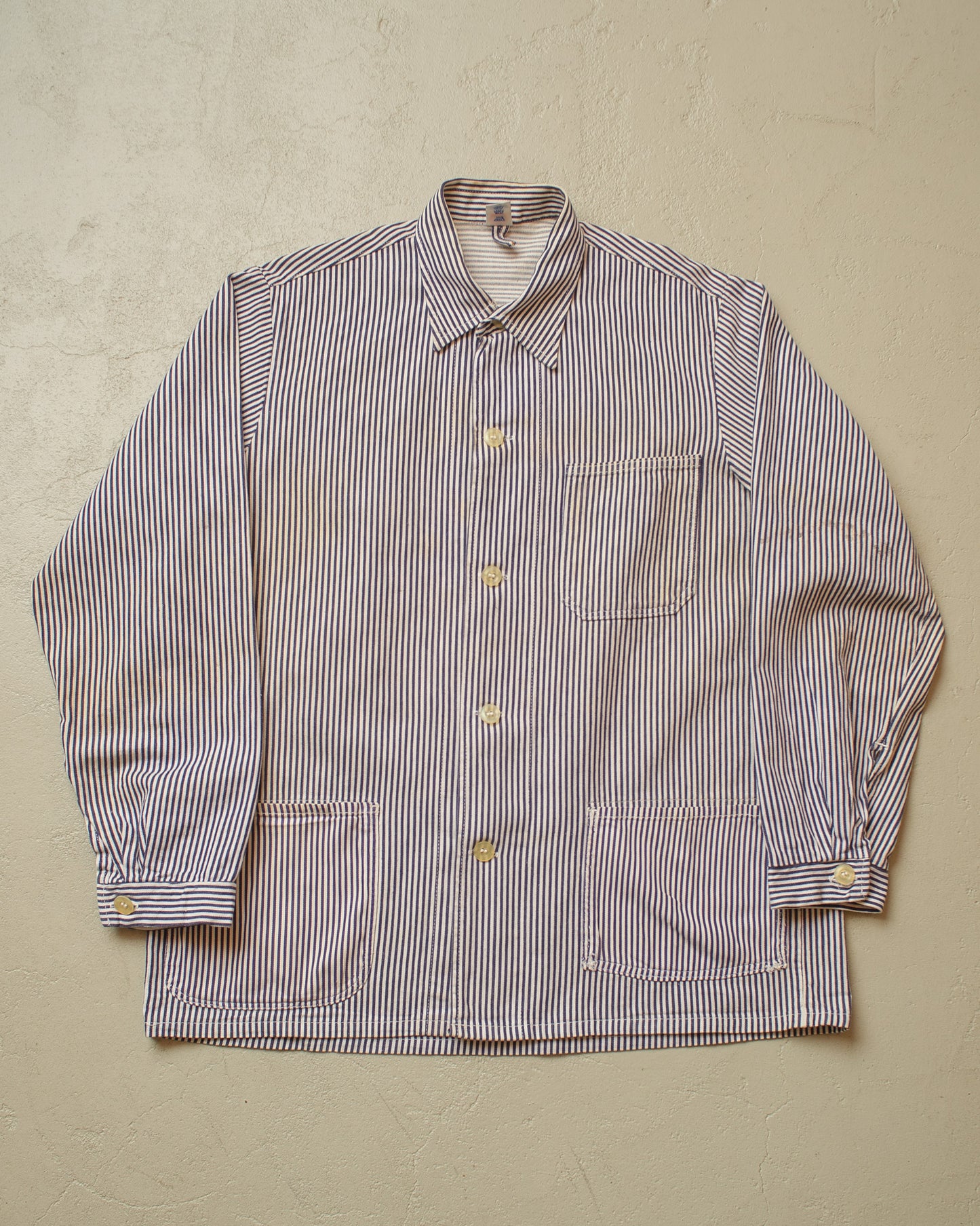 1960s German Karba "Metzgerjacke" Butcher striped Work Jacket blue - L/XL