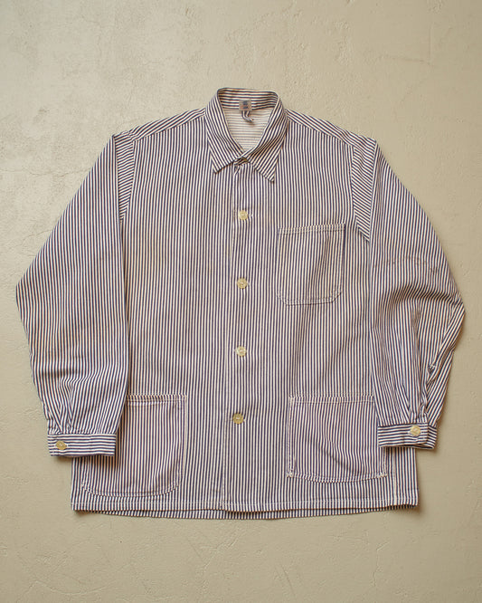1960s German Karba "Metzgerjacke" Butcher striped Work Jacket blue - L/XL