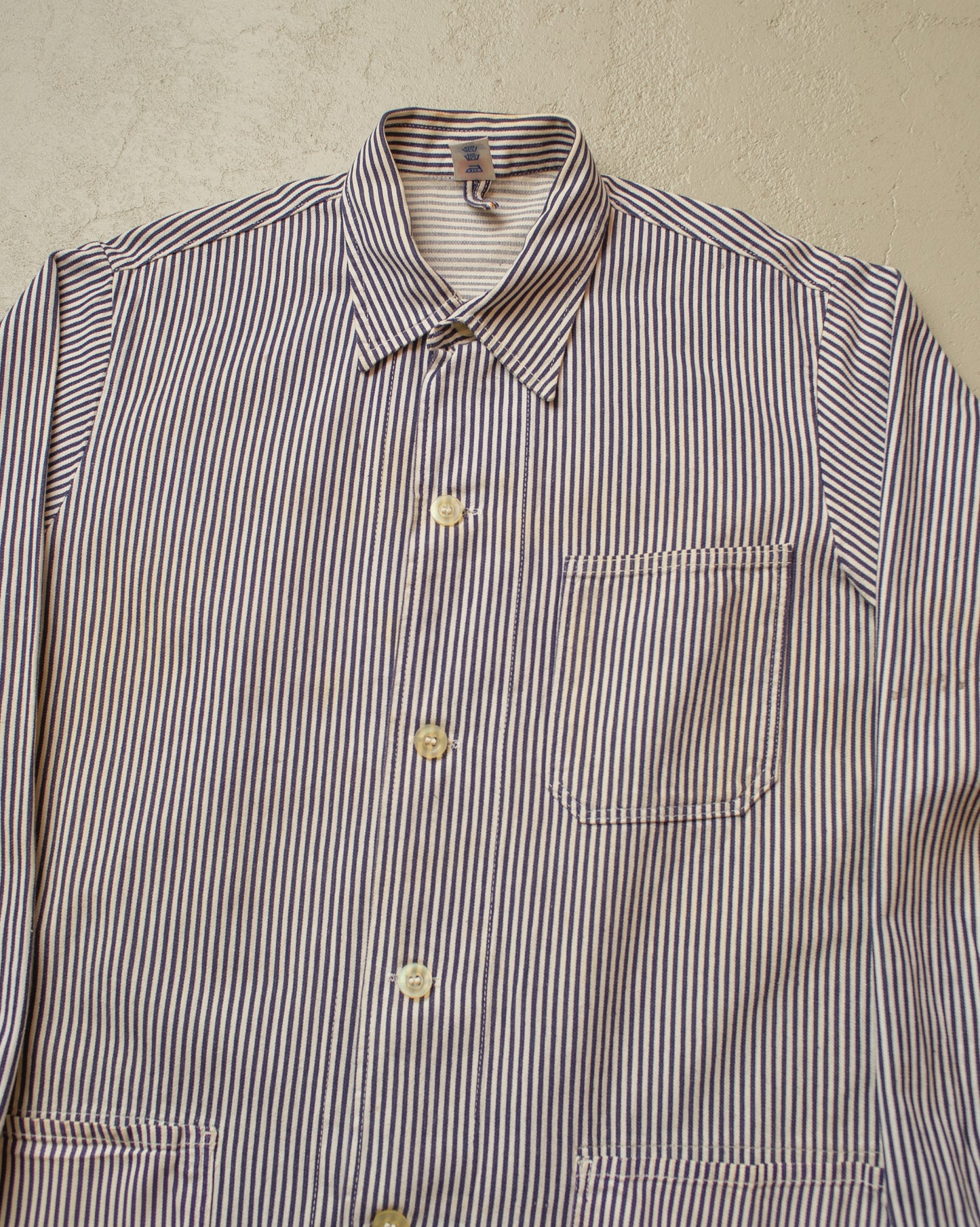 1960s German Karba "Metzgerjacke" Butcher striped Work Jacket blue - L/XL