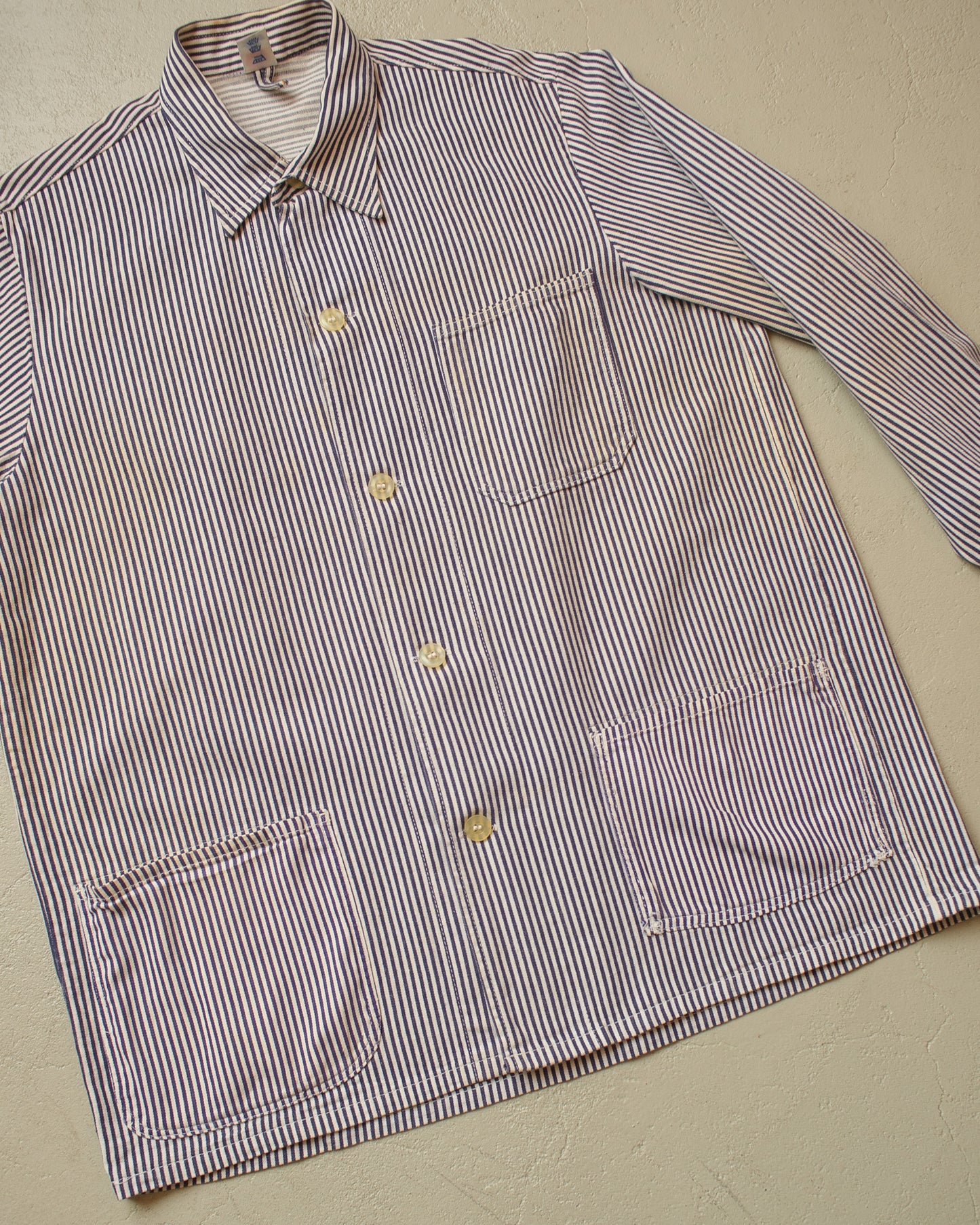 1960s German Karba "Metzgerjacke" Butcher striped Work Jacket blue - L/XL