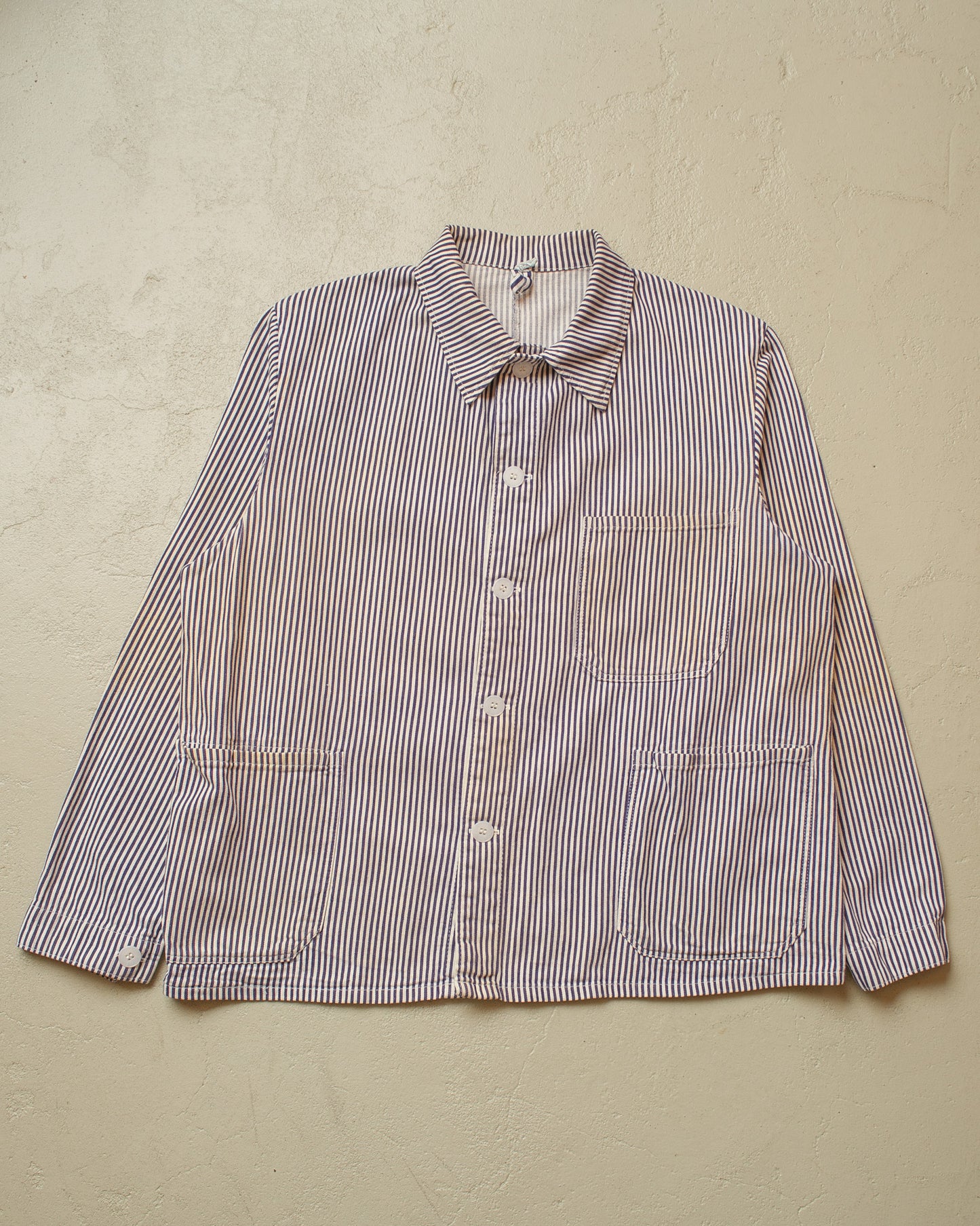 1960s/70s German "Metzgerjacke" Butcher striped Work Jacket blue - L/XL