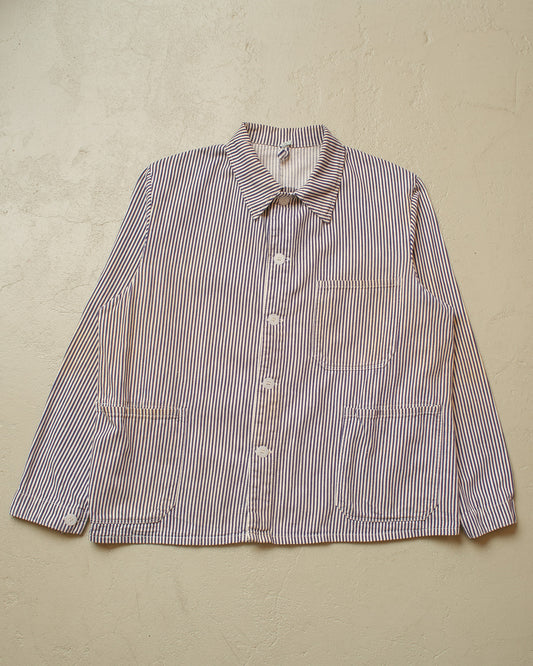 1960s/70s German "Metzgerjacke" Butcher striped Work Jacket blue - L/XL
