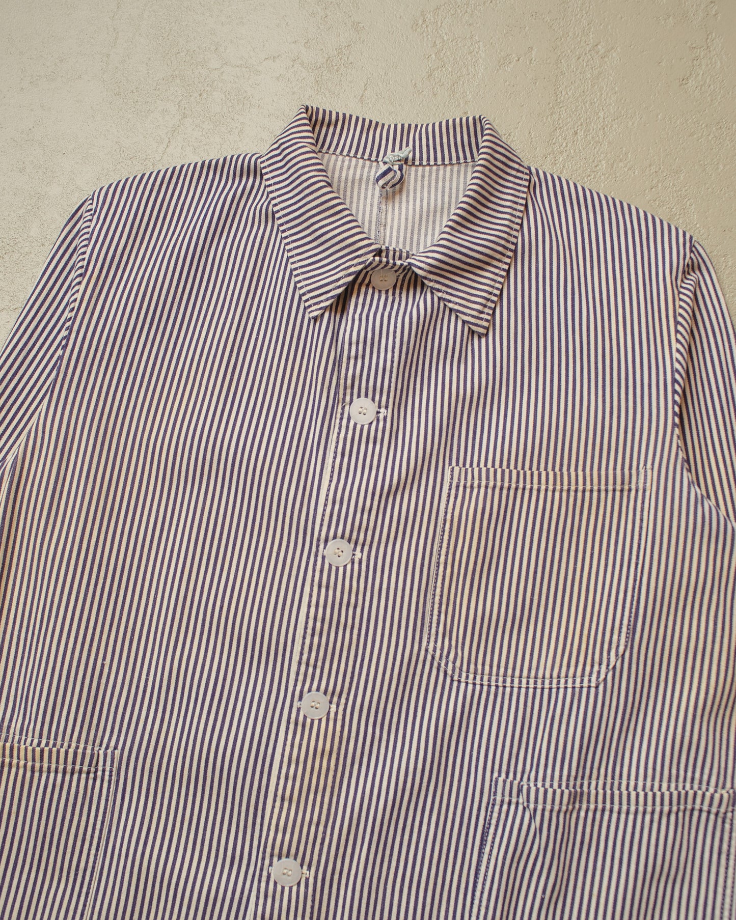 1960s/70s German "Metzgerjacke" Butcher striped Work Jacket blue - L/XL