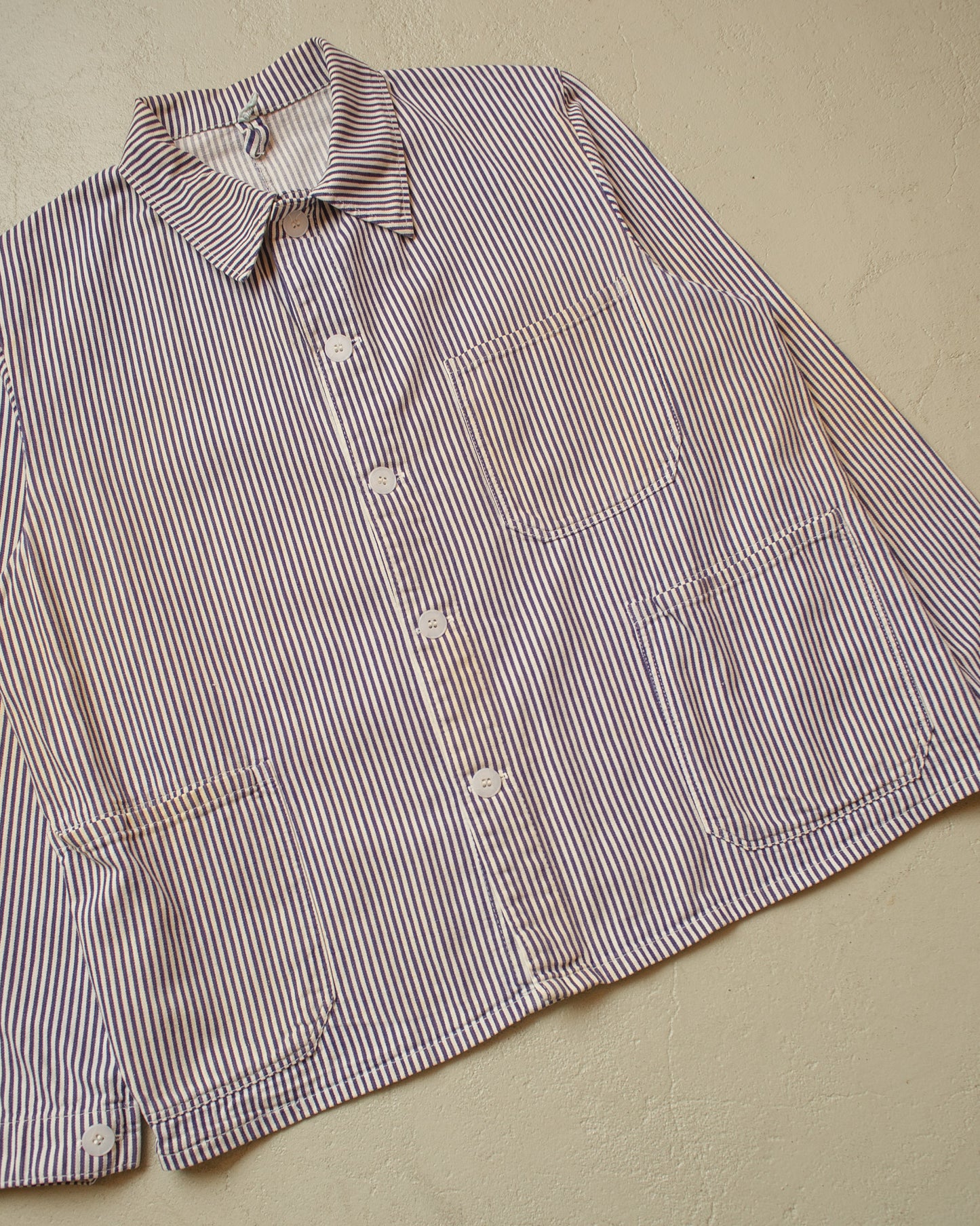 1960s/70s German "Metzgerjacke" Butcher striped Work Jacket blue - L/XL
