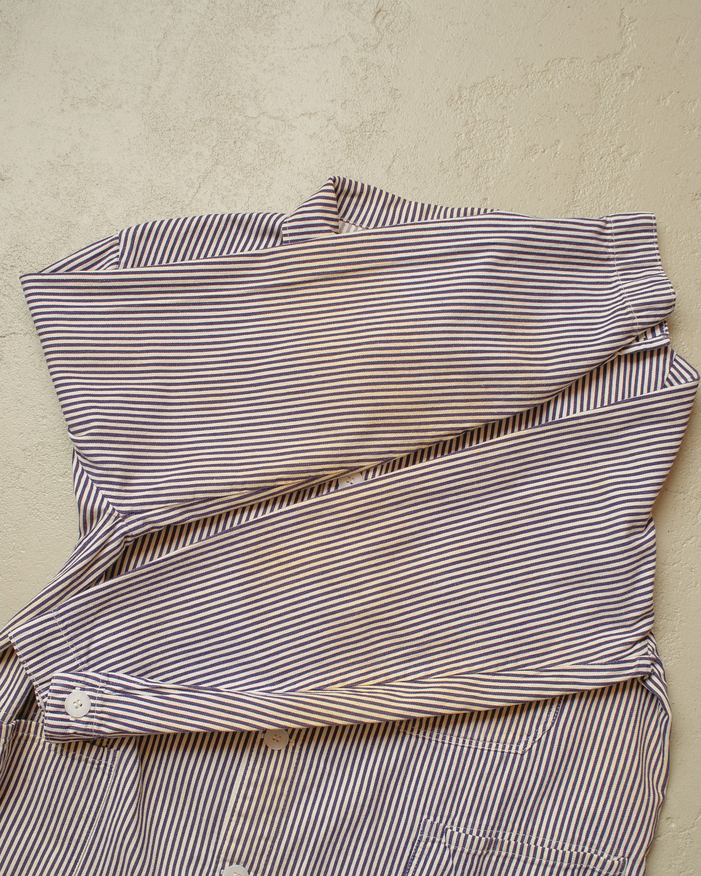 1960s/70s German "Metzgerjacke" Butcher striped Work Jacket blue - L/XL