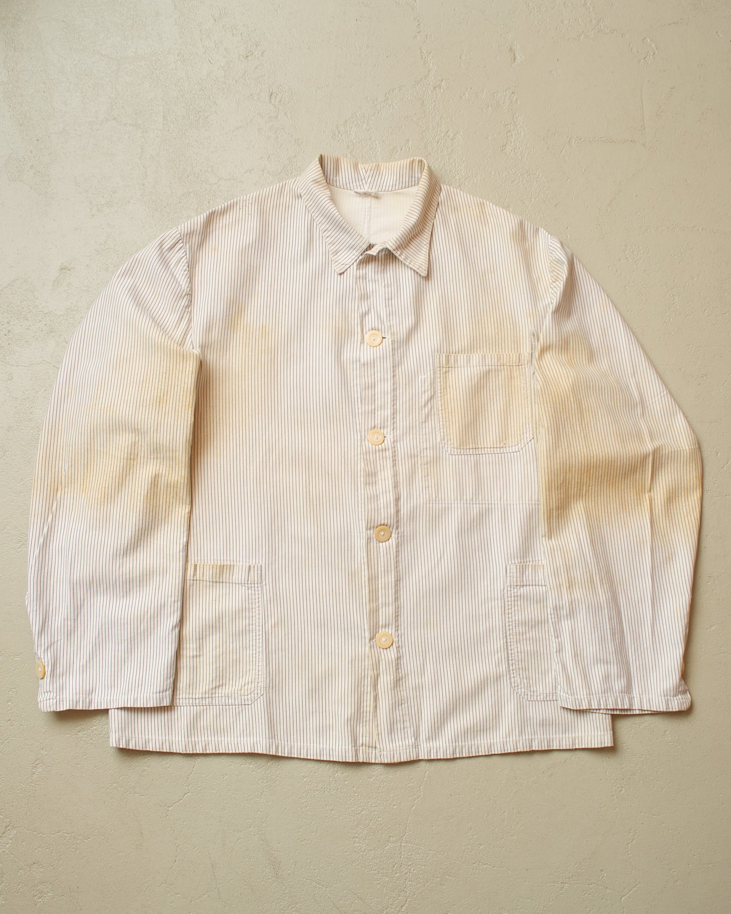 1950s/60s distressed German "Metzgerjacke" Butcher striped Work Jacket white - L