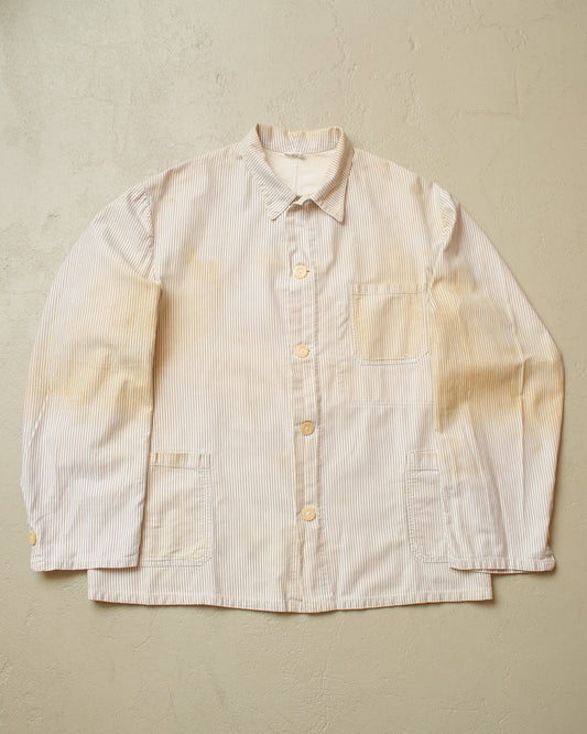 1950s/60s distressed German "Metzgerjacke" Butcher striped Work Jacket white - L