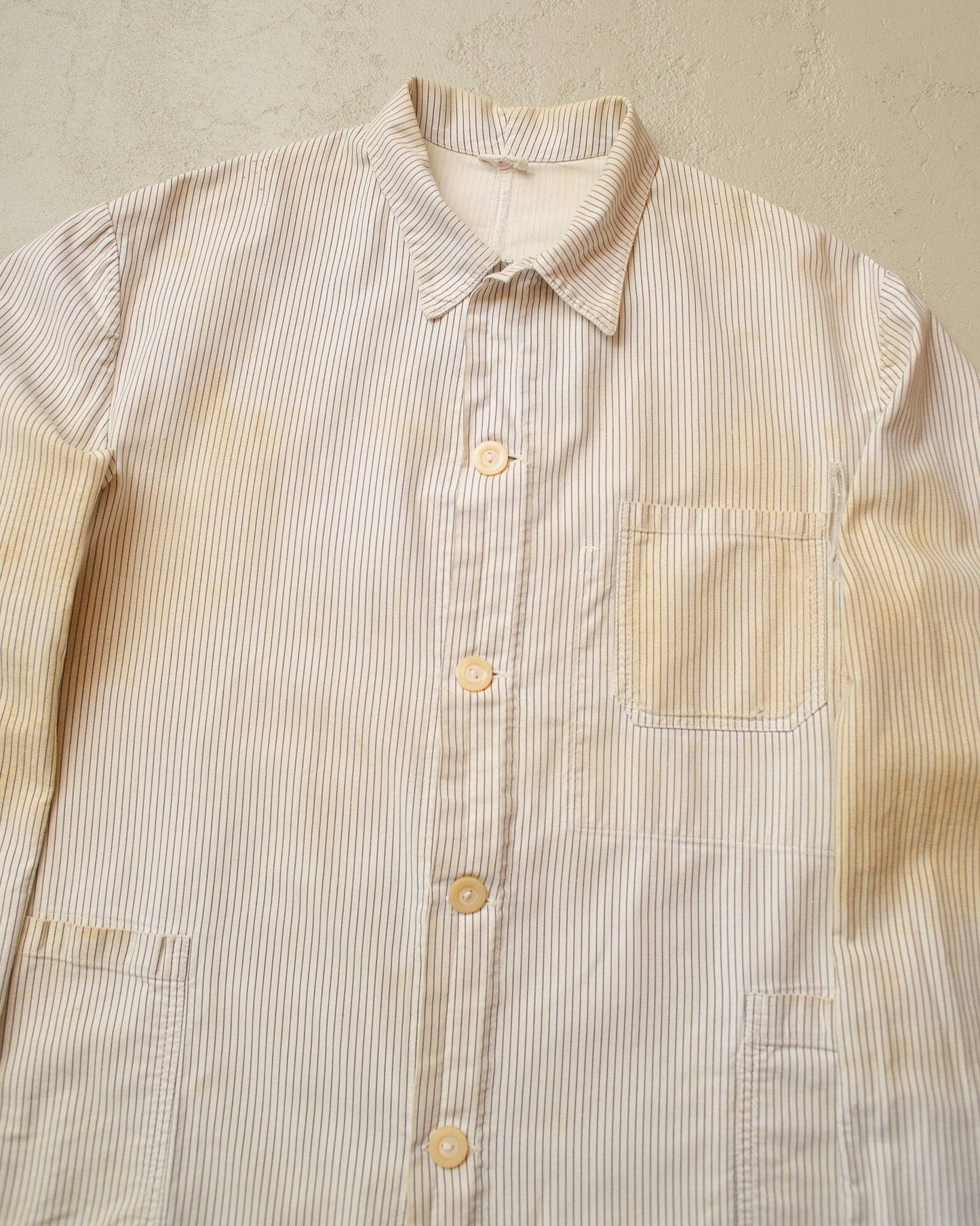 1950s/60s distressed German "Metzgerjacke" Butcher striped Work Jacket white - L