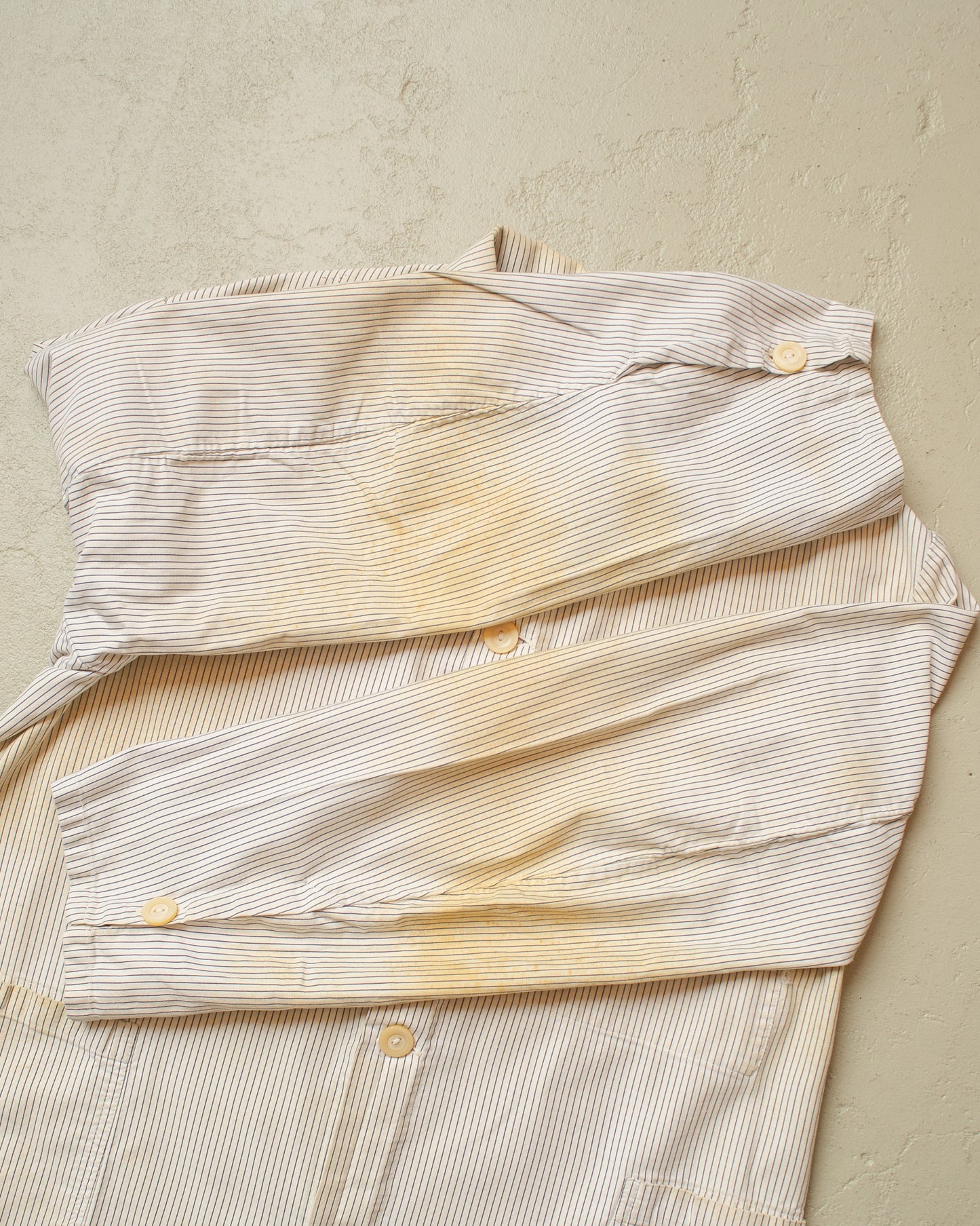 1950s/60s distressed German "Metzgerjacke" Butcher striped Work Jacket white - L