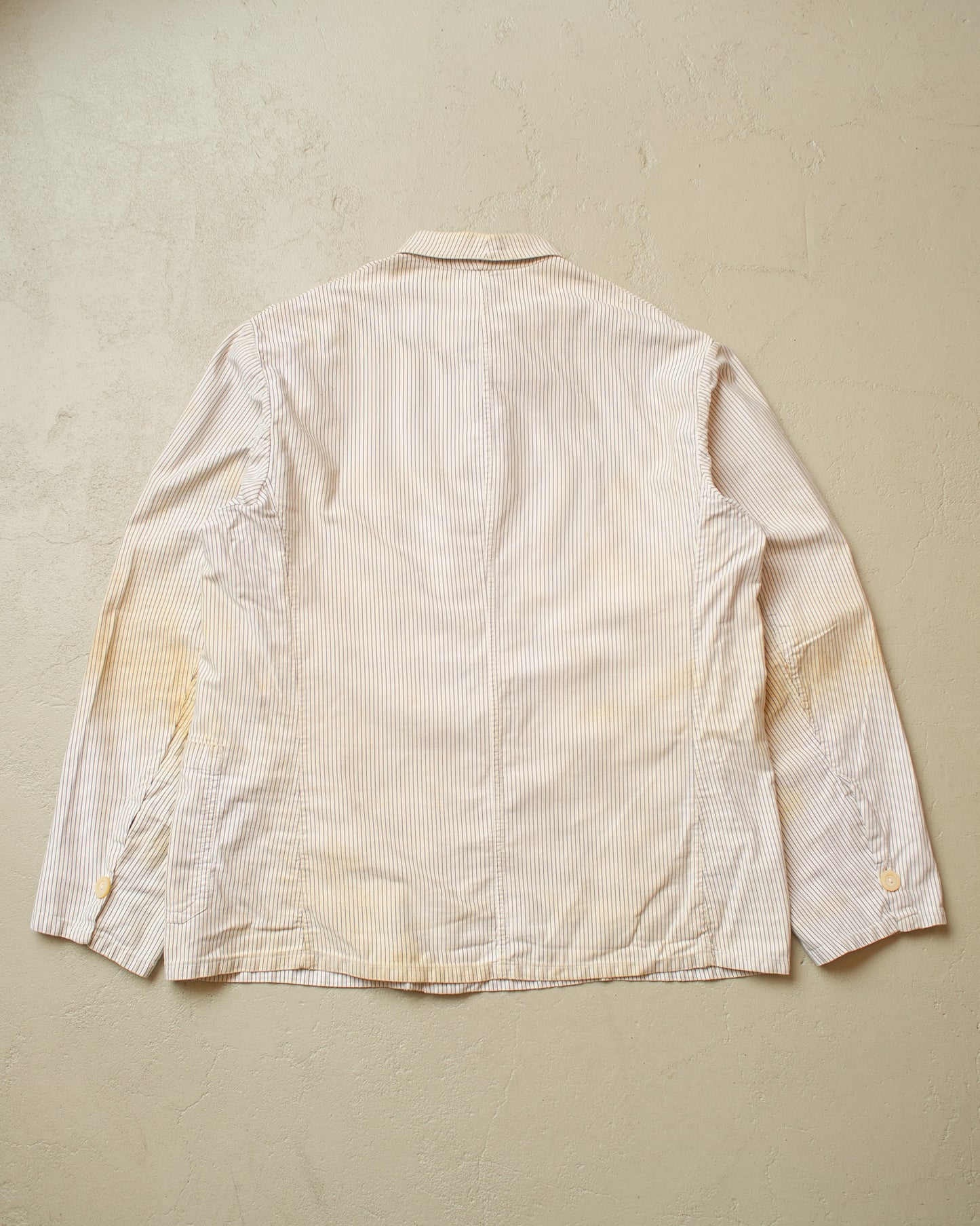 1950s/60s distressed German "Metzgerjacke" Butcher striped Work Jacket white - L
