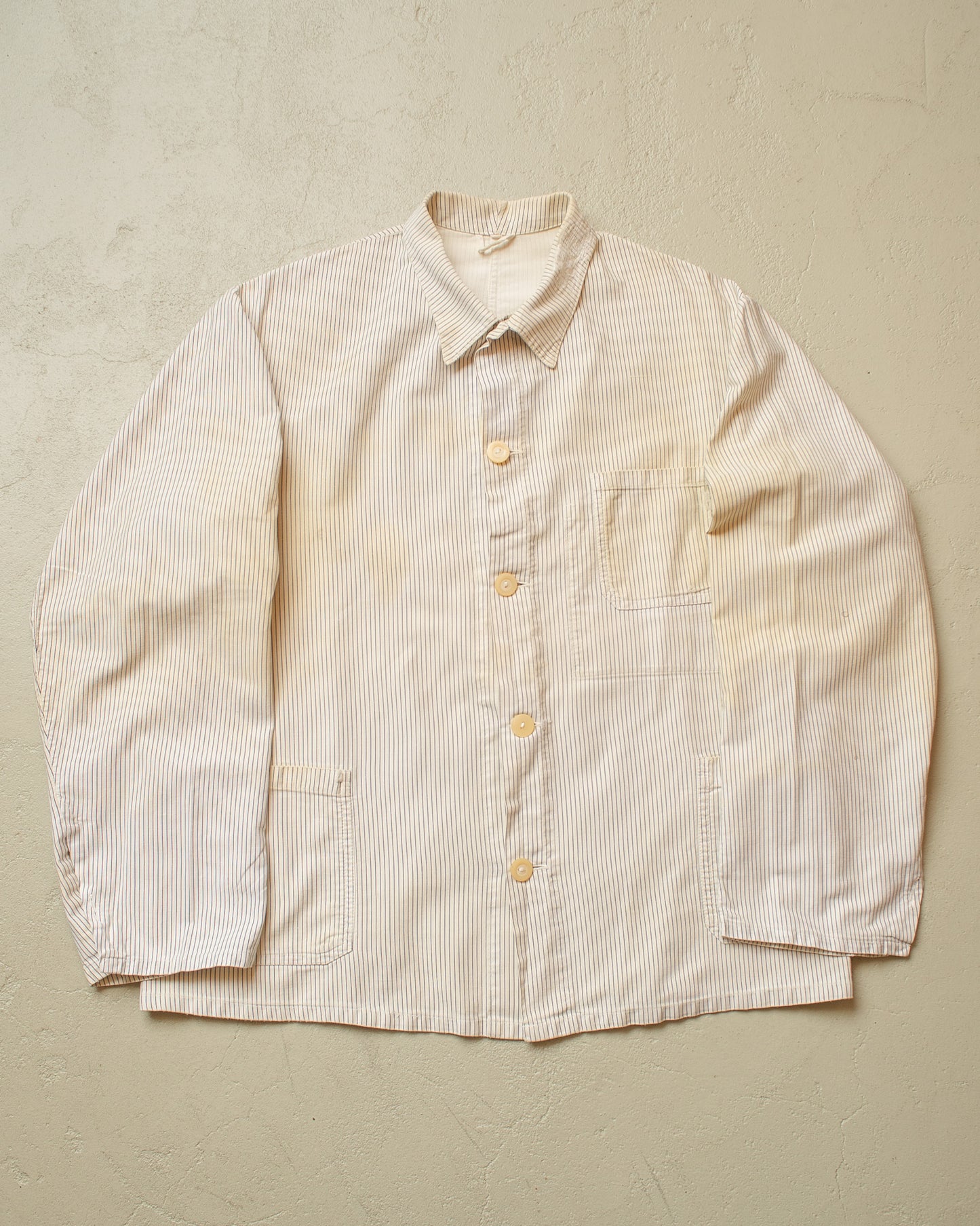 1950s/60s distressed German "Metzgerjacke" Butcher striped Work Jacket white - L/XL