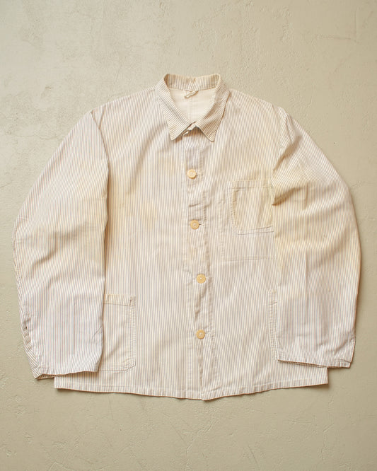 1950s/60s distressed German "Metzgerjacke" Butcher striped Work Jacket white - L/XL